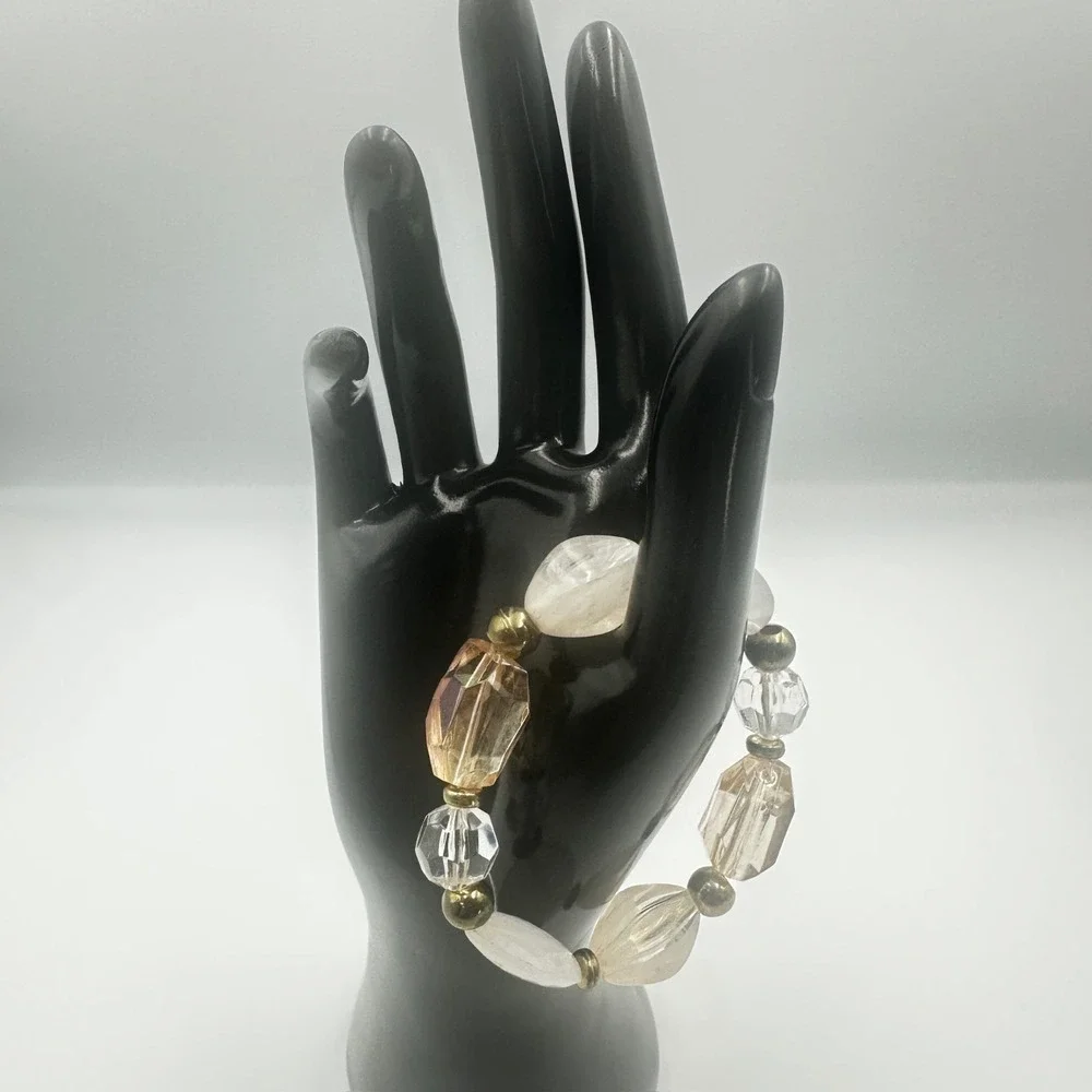 Vintage Pastel Beaded Stretch Bracelet Clear Peach Cream Faceted Chunky Boho Y2K